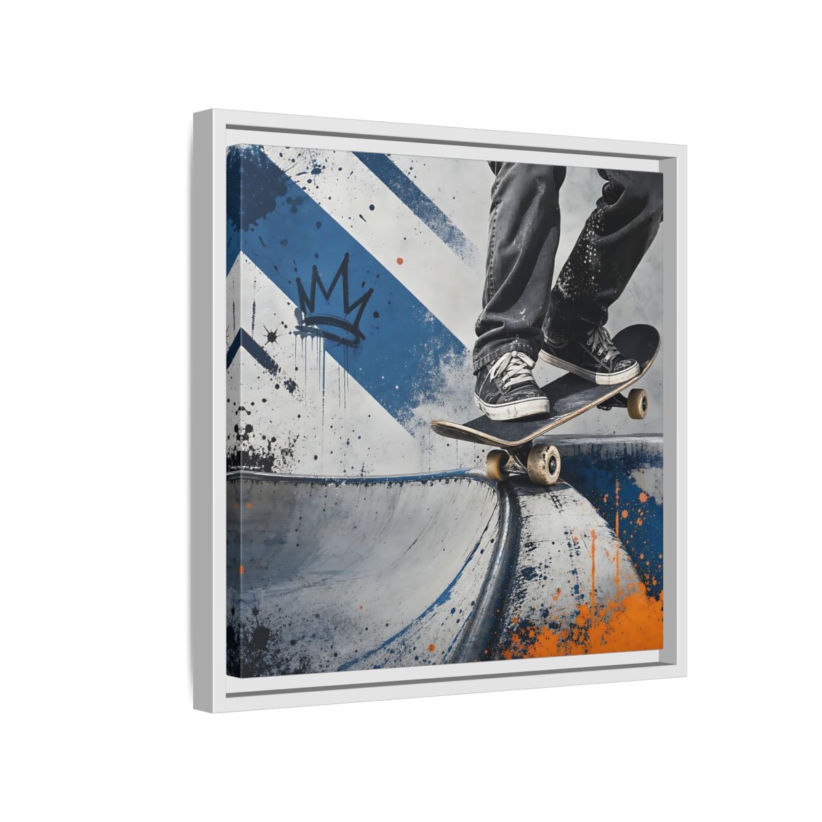 Side Mockup 13. Sports Skateboarder Skateboarder Blue Orange shown as framed canvas print