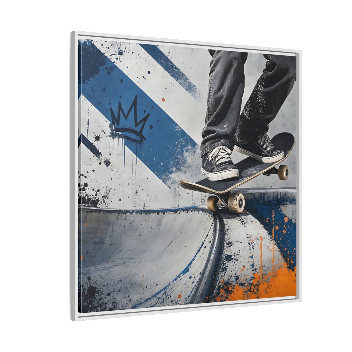 Side Mockup 4. Sports Skateboarder Skateboarder Blue Orange shown as framed canvas print