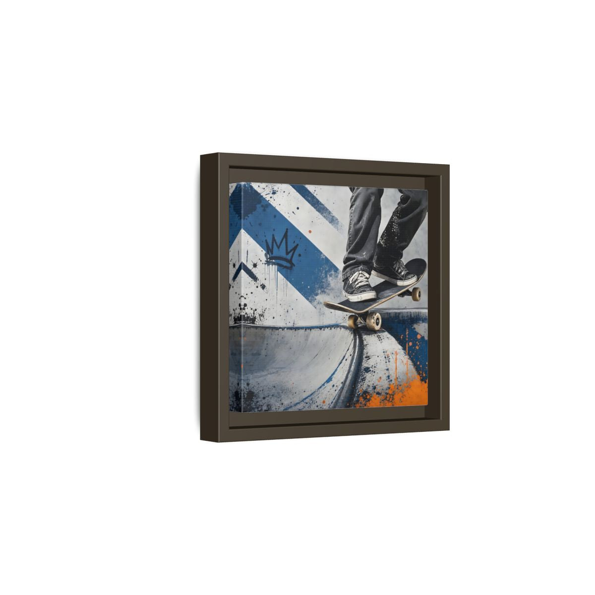 Side Mockup 2. Sports Skateboarder Skateboarder Blue Orange shown as framed canvas print