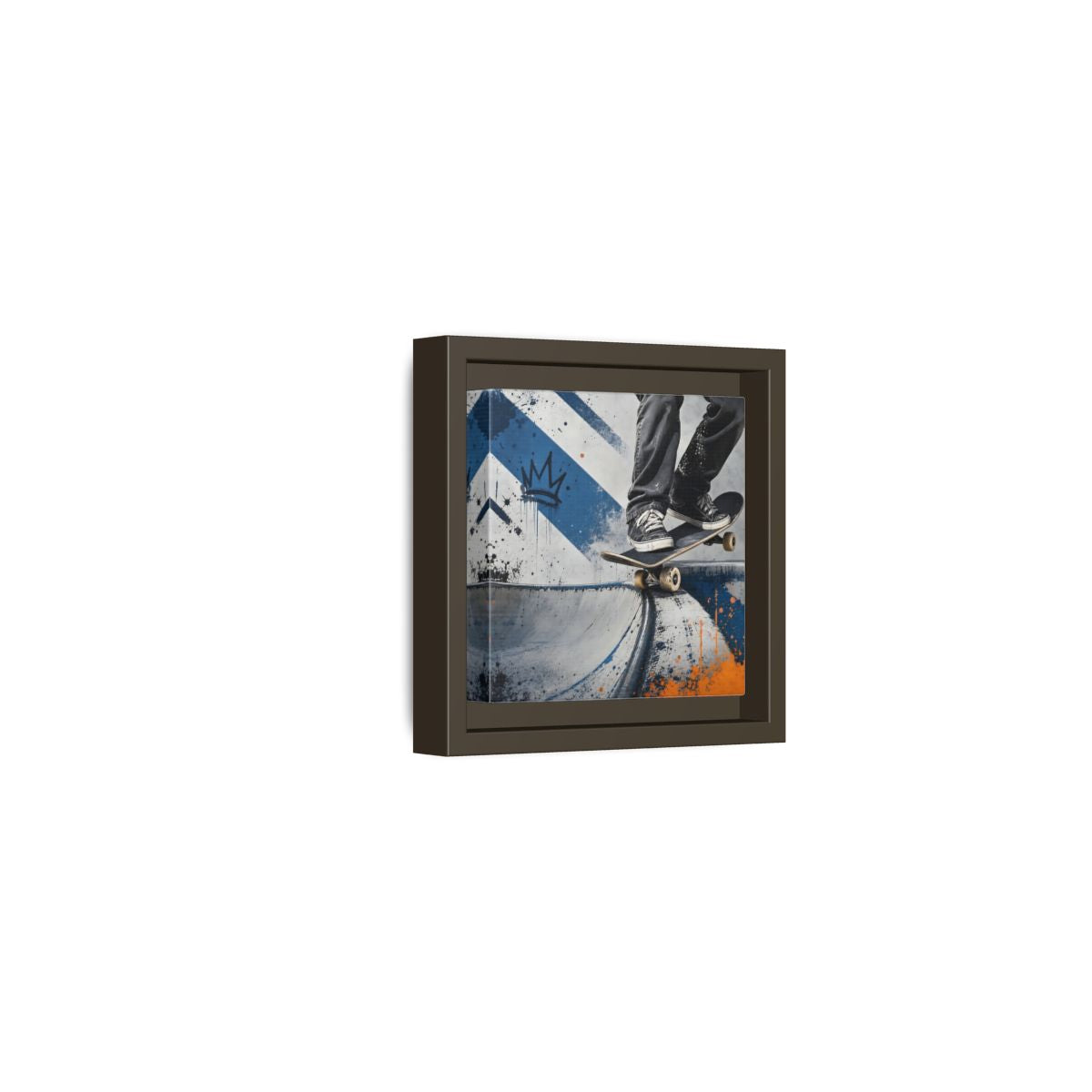Side Mockup 23. Sports Skateboarder Skateboarder Blue Orange shown as framed canvas print