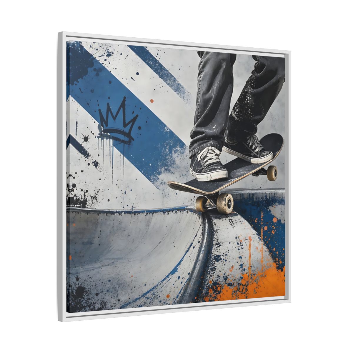 Side Mockup 25. Sports Skateboarder Skateboarder Blue Orange shown as framed canvas print