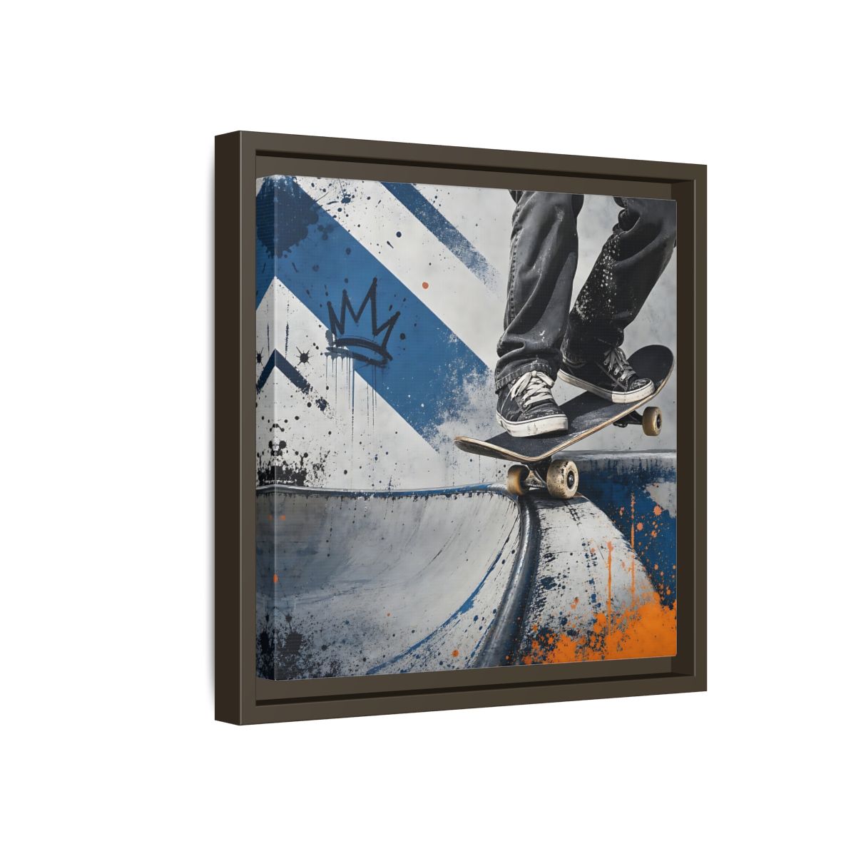 Side Mockup 17. Sports Skateboarder Skateboarder Blue Orange shown as framed canvas print