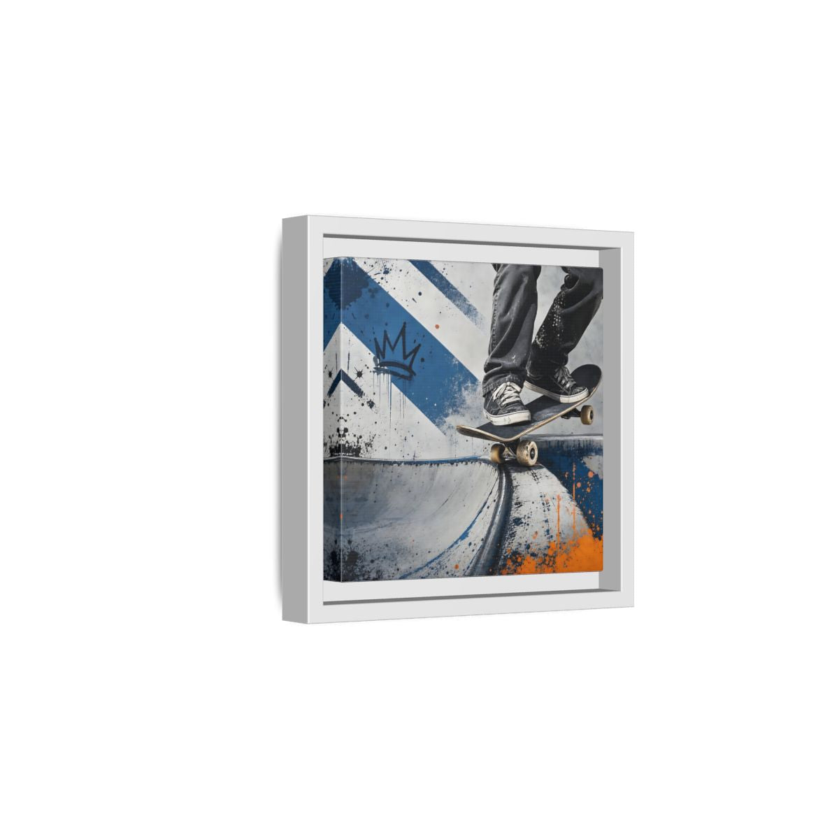 Side Mockup 1. Sports Skateboarder Skateboarder Blue Orange shown as framed canvas print