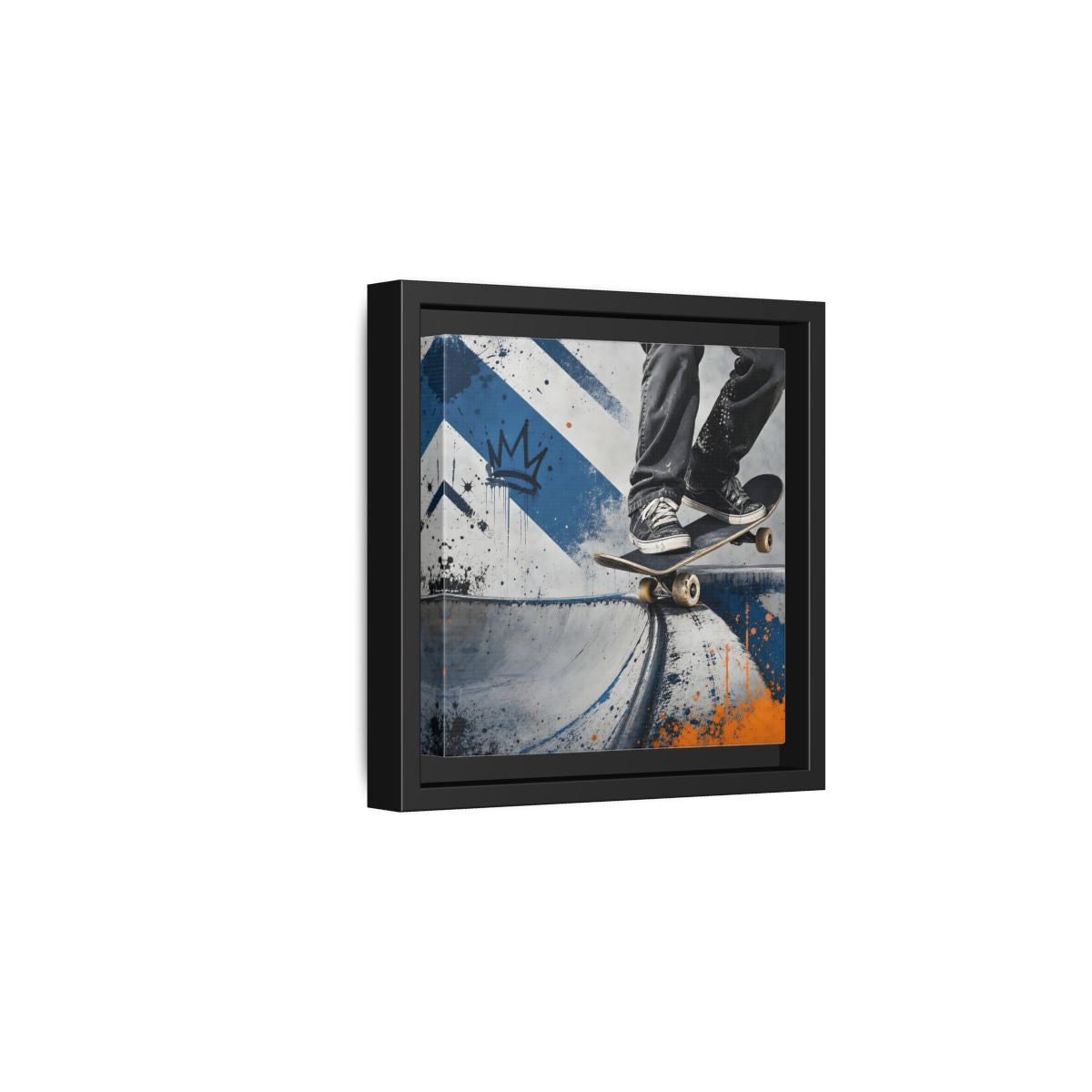 Side Mockup 3. Sports Skateboarder Skateboarder Blue Orange shown as framed canvas print