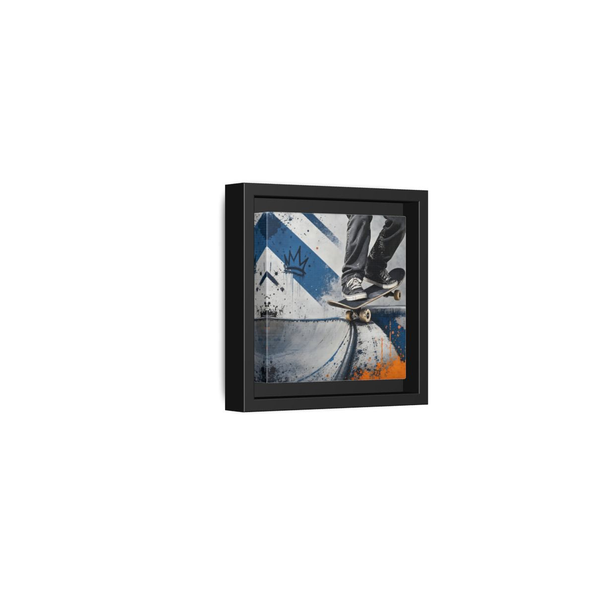Side Mockup 24. Sports Skateboarder Skateboarder Blue Orange shown as framed canvas print