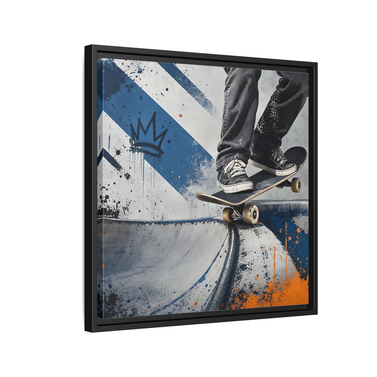 Side Mockup 12. Sports Skateboarder Skateboarder Blue Orange shown as framed canvas print