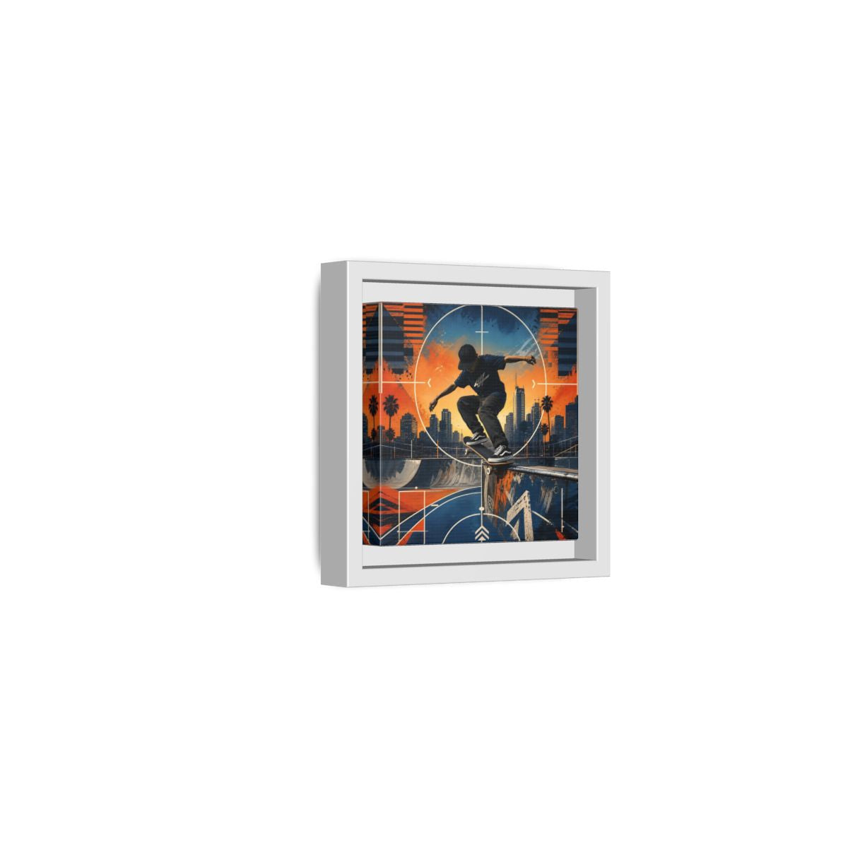 Side Mockup 22. Sports Skateboarder Skateboarder City Orange Blue shown as framed canvas print