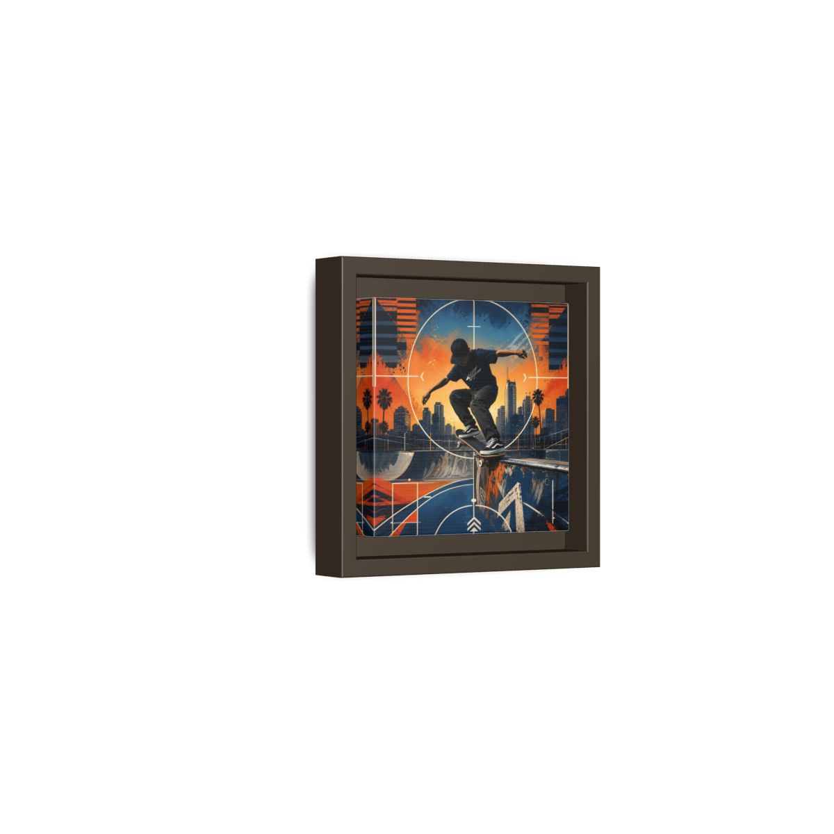 Side Mockup 23. Sports Skateboarder Skateboarder City Orange Blue shown as framed canvas print