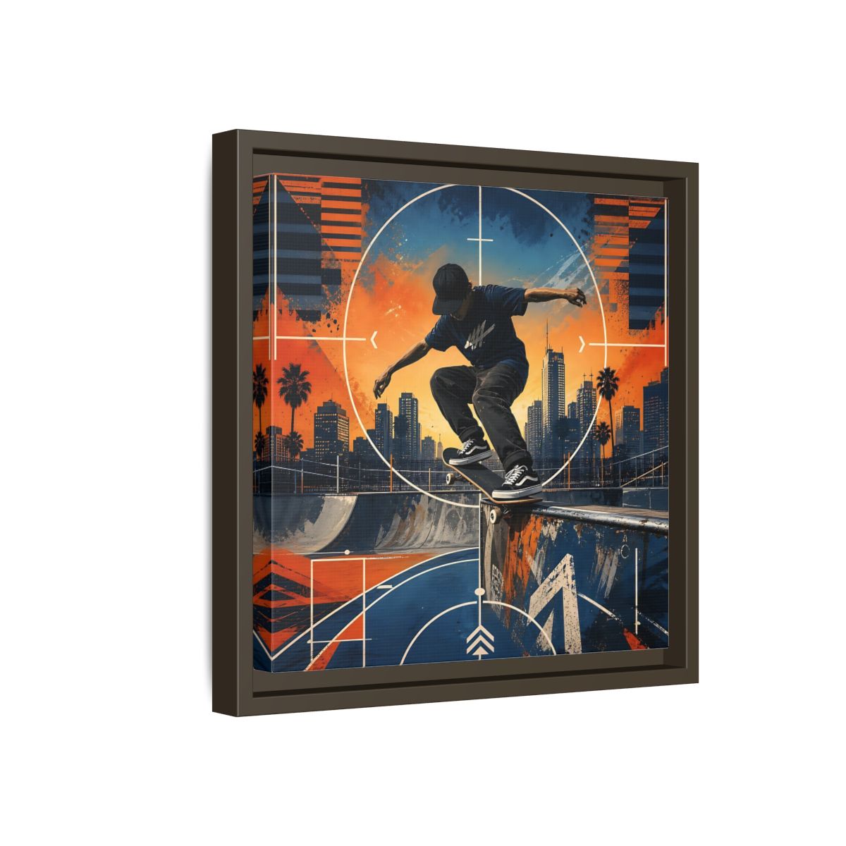 Side Mockup 17. Sports Skateboarder Skateboarder City Orange Blue shown as framed canvas print
