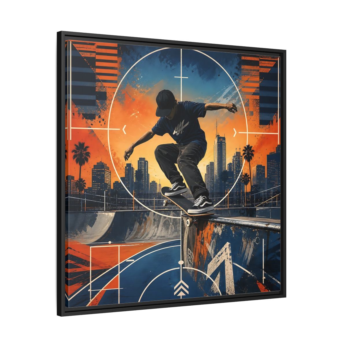 Side Mockup 30. Sports Skateboarder Skateboarder City Orange Blue shown as framed canvas print