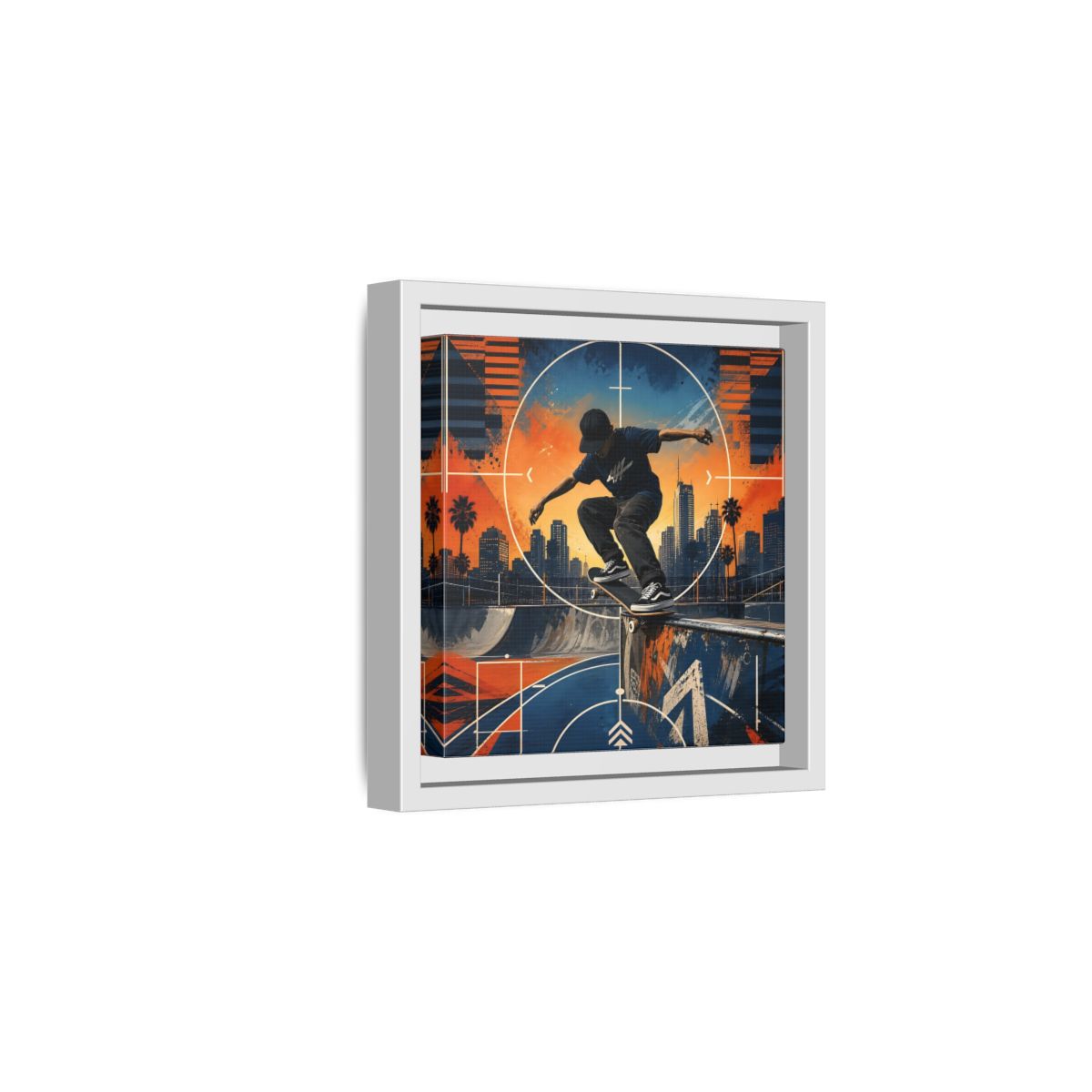 Side Mockup 1. Sports Skateboarder Skateboarder City Orange Blue shown as framed canvas print