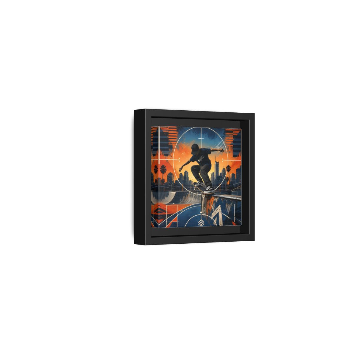 Side Mockup 24. Sports Skateboarder Skateboarder City Orange Blue shown as framed canvas print