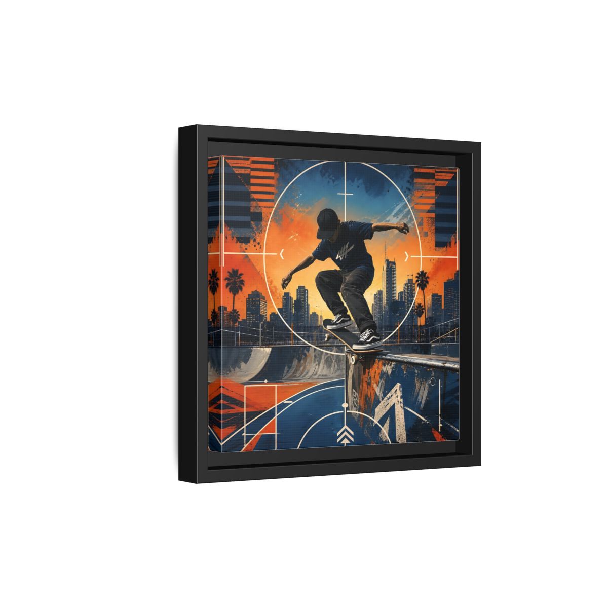 Side Mockup 21. Sports Skateboarder Skateboarder City Orange Blue shown as framed canvas print