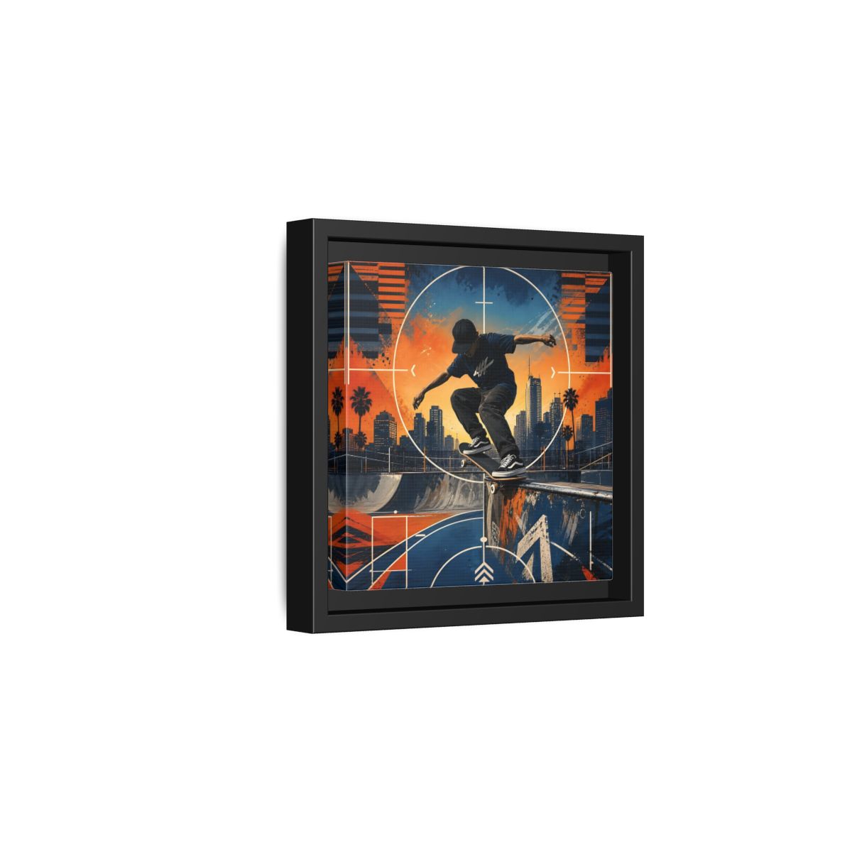 Side Mockup 3. Sports Skateboarder Skateboarder City Orange Blue shown as framed canvas print
