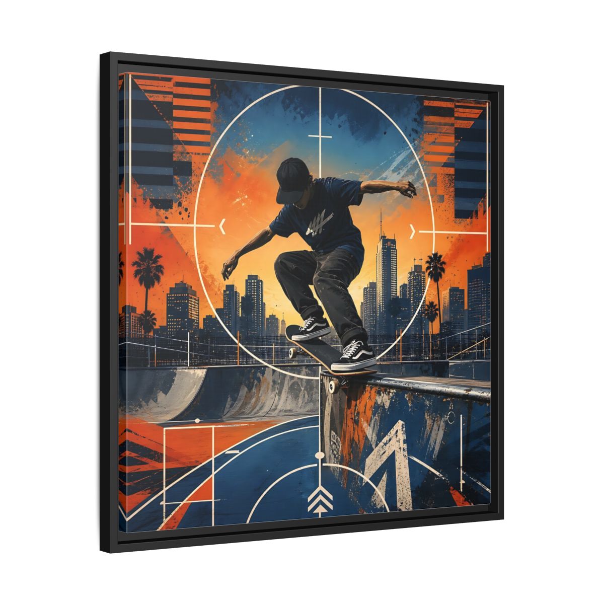 Side Mockup 31. Sports Skateboarder Skateboarder City Orange Blue shown as framed canvas print