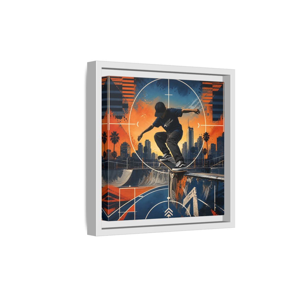 Side Mockup 19. Sports Skateboarder Skateboarder City Orange Blue shown as framed canvas print