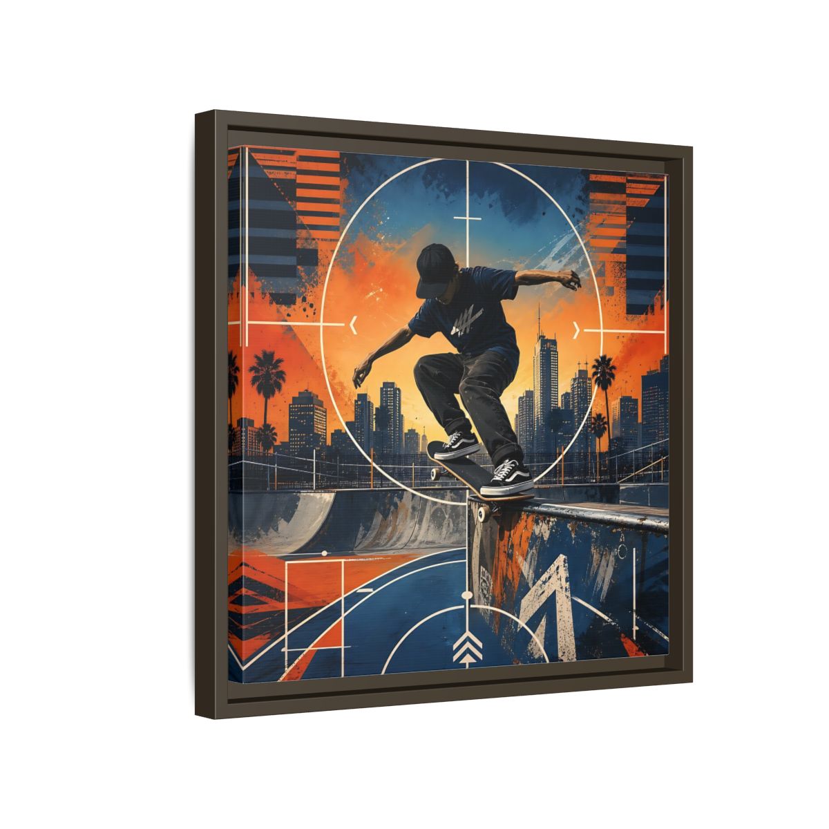 Side Mockup 14. Sports Skateboarder Skateboarder City Orange Blue shown as framed canvas print