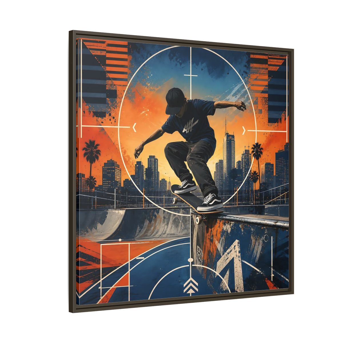 Side Mockup 5. Sports Skateboarder Skateboarder City Orange Blue shown as framed canvas print