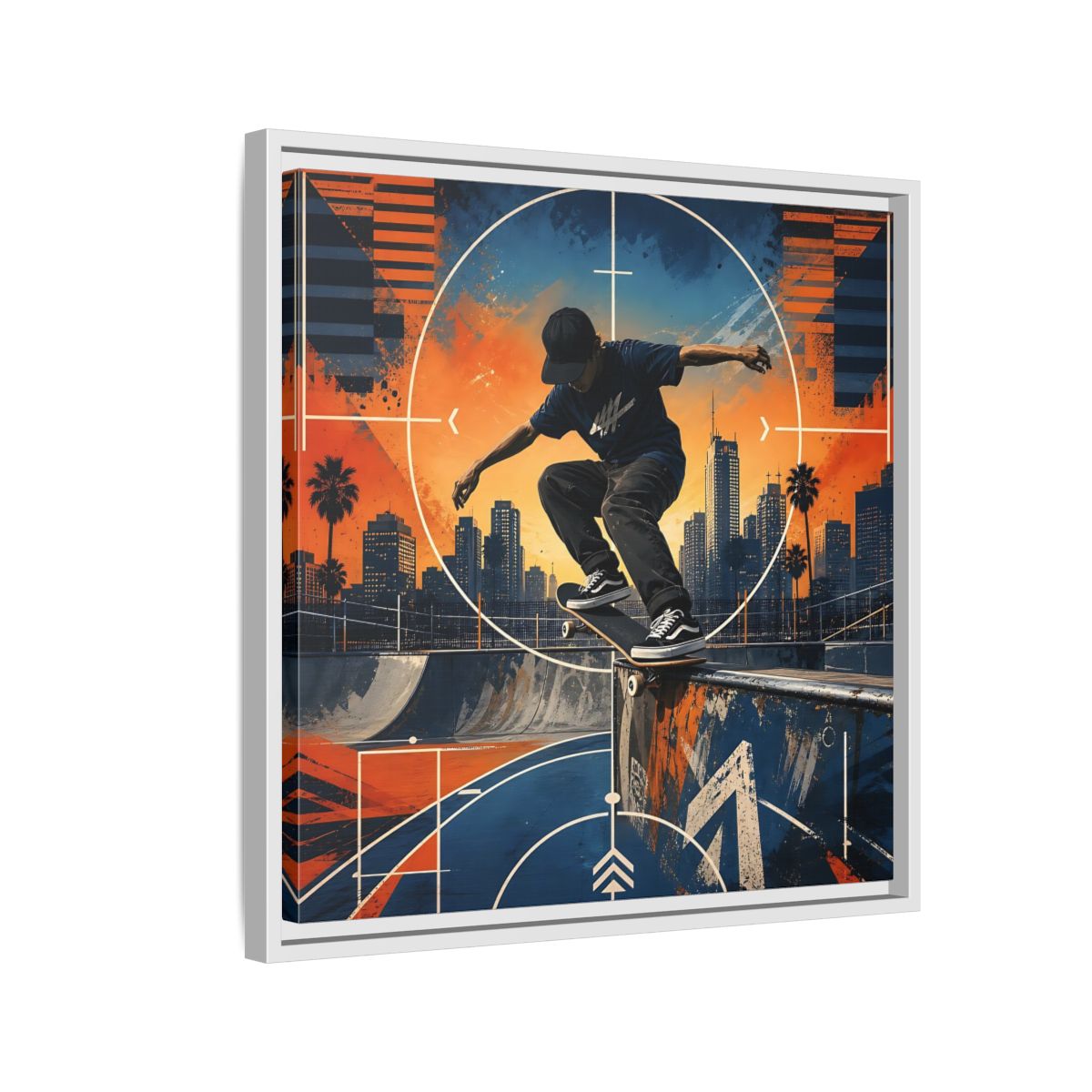 Side Mockup 10. Sports Skateboarder Skateboarder City Orange Blue shown as framed canvas print