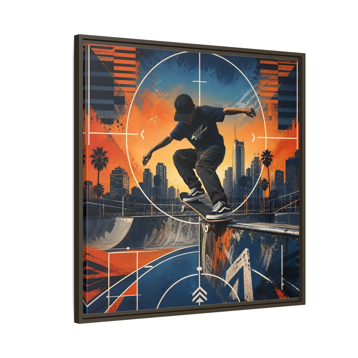 Side Mockup 8. Sports Skateboarder Skateboarder City Orange Blue shown as framed canvas print