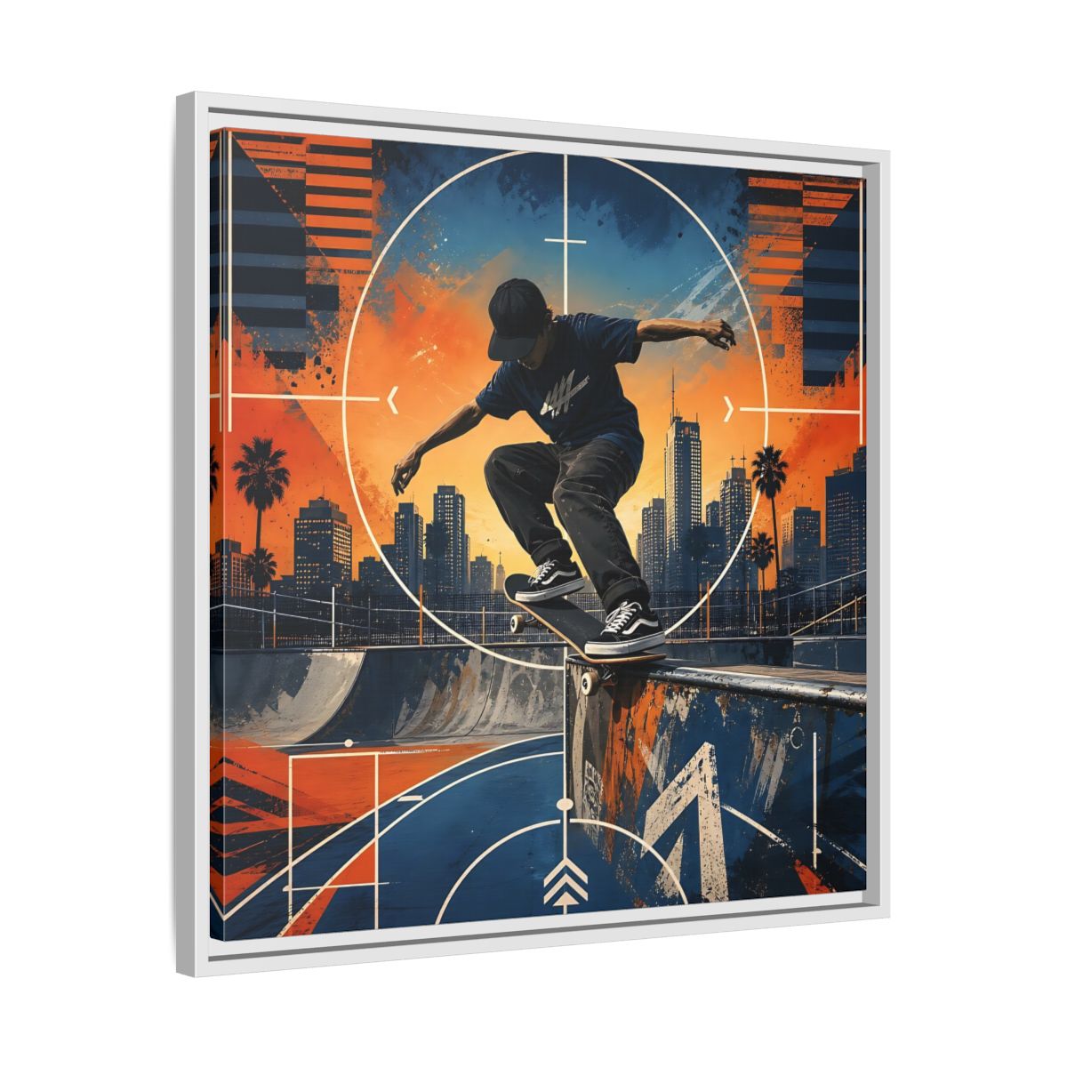 Side Mockup 26. Sports Skateboarder Skateboarder City Orange Blue shown as framed canvas print