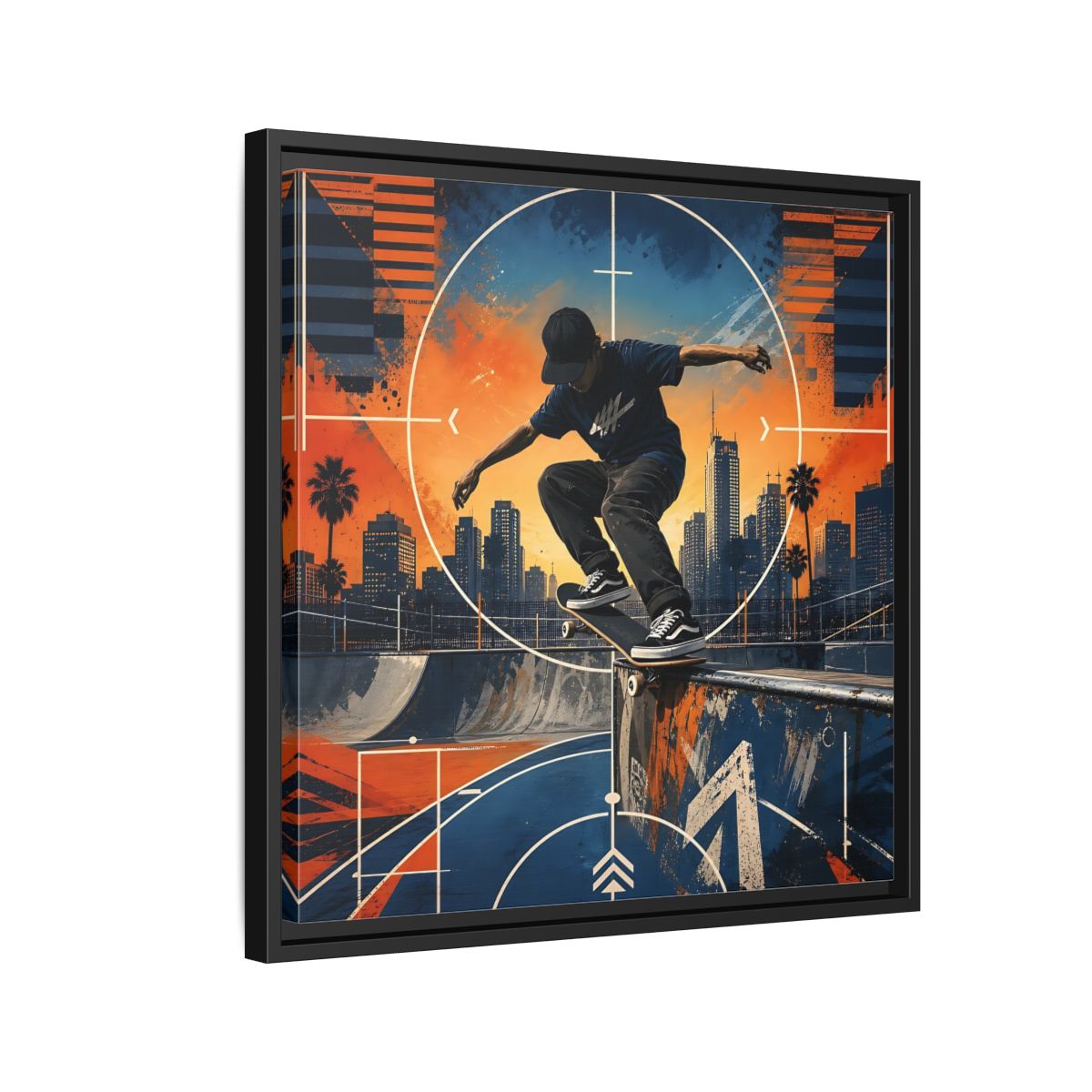 Side Mockup 12. Sports Skateboarder Skateboarder City Orange Blue shown as framed canvas print