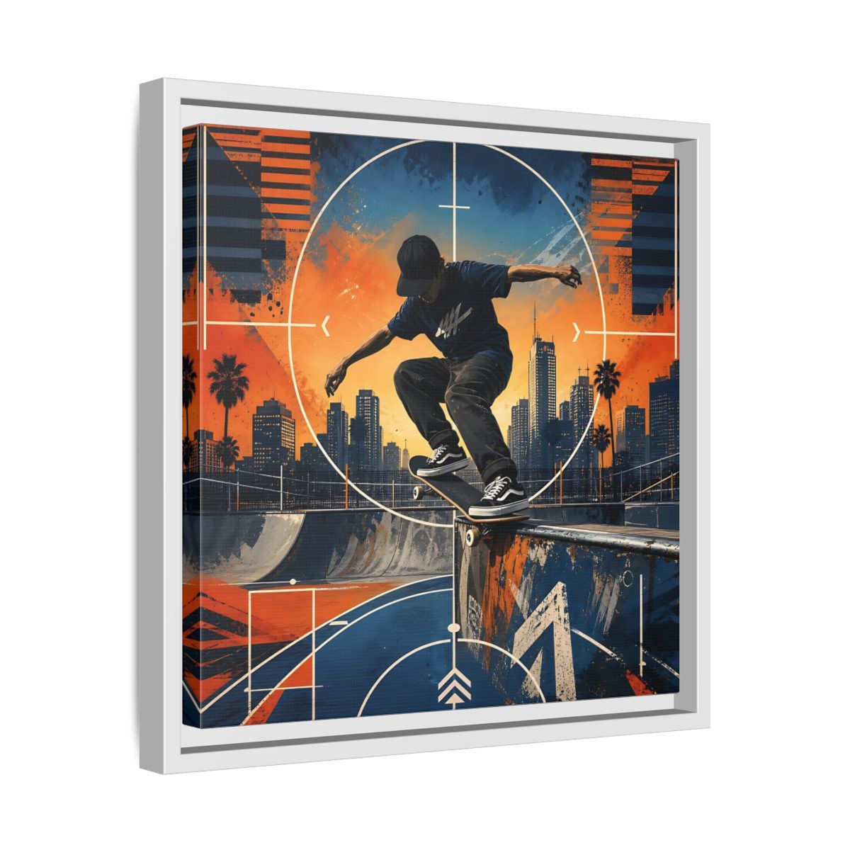 Side Mockup 28. Sports Skateboarder Skateboarder City Orange Blue shown as framed canvas print