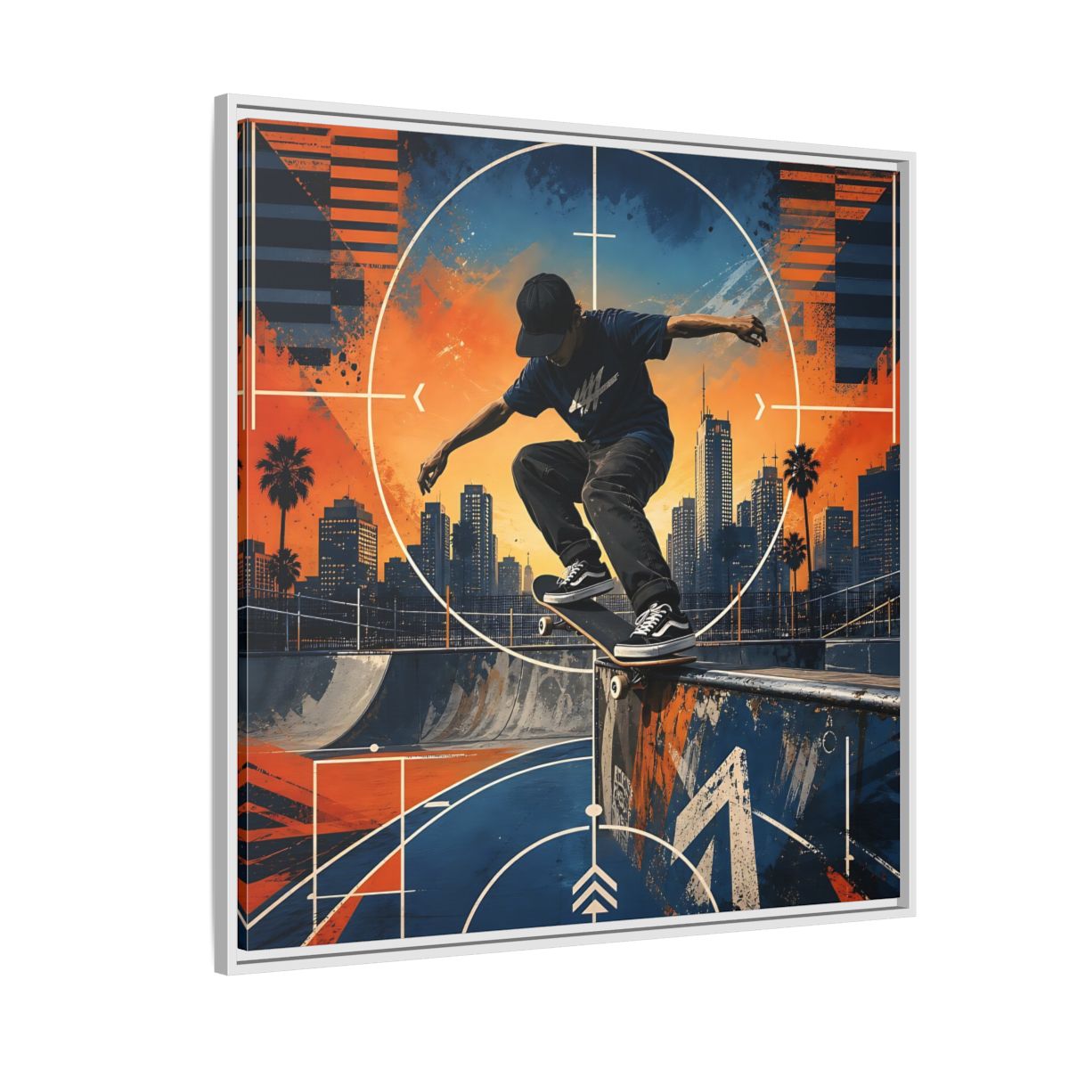 Side Mockup 4. Sports Skateboarder Skateboarder City Orange Blue shown as framed canvas print