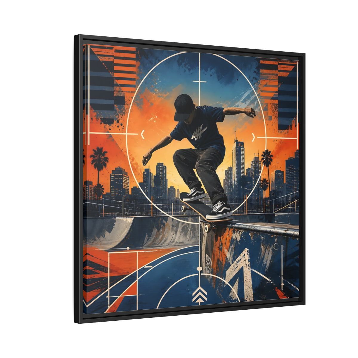 Side Mockup 9. Sports Skateboarder Skateboarder City Orange Blue shown as framed canvas print