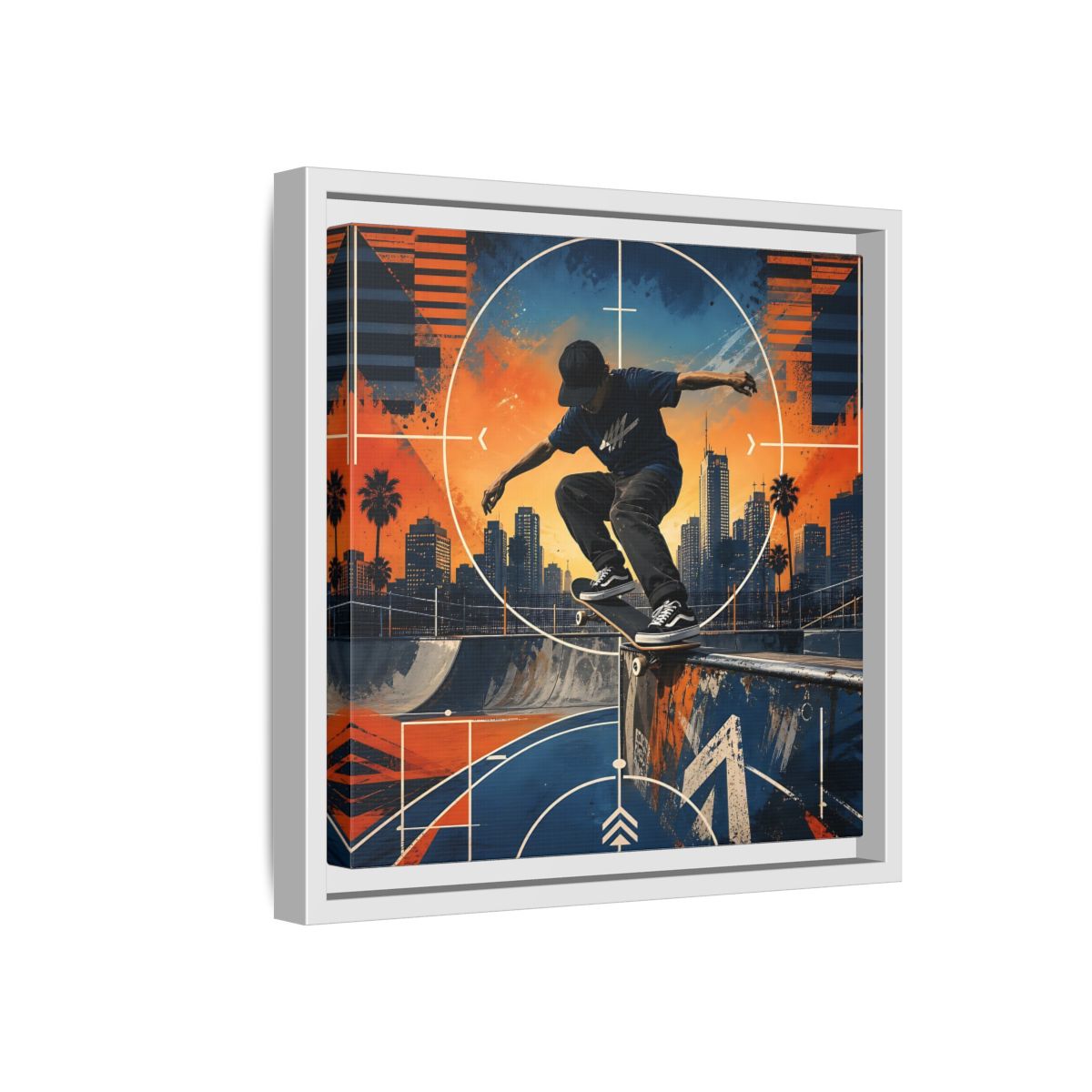 Side Mockup 16. Sports Skateboarder Skateboarder City Orange Blue shown as framed canvas print