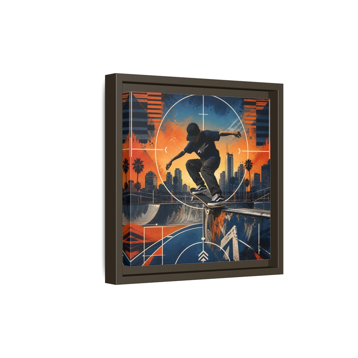 Side Mockup 20. Sports Skateboarder Skateboarder City Orange Blue shown as framed canvas print