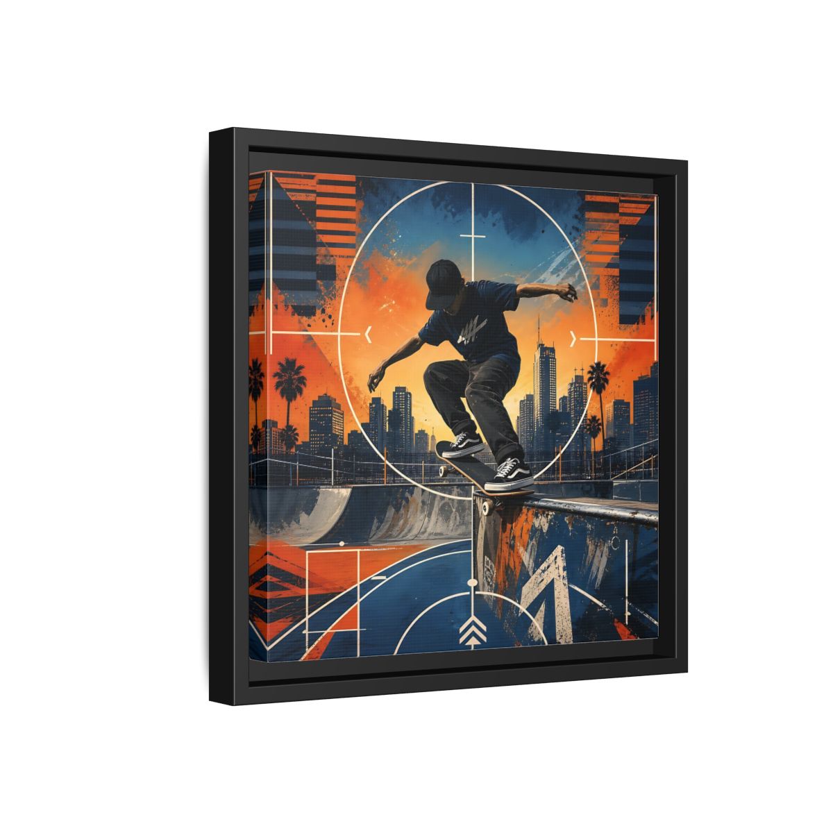 Side Mockup 18. Sports Skateboarder Skateboarder City Orange Blue shown as framed canvas print