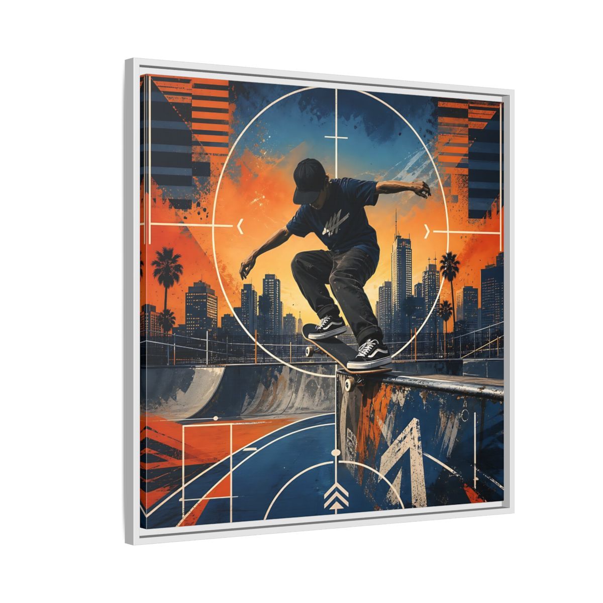 Side Mockup 7. Sports Skateboarder Skateboarder City Orange Blue shown as framed canvas print