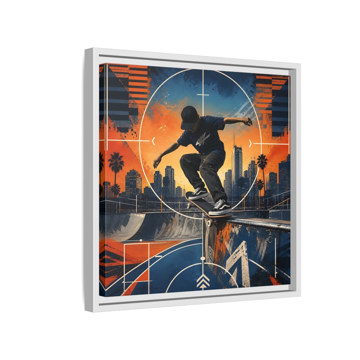 Side Mockup 13. Sports Skateboarder Skateboarder City Orange Blue shown as framed canvas print