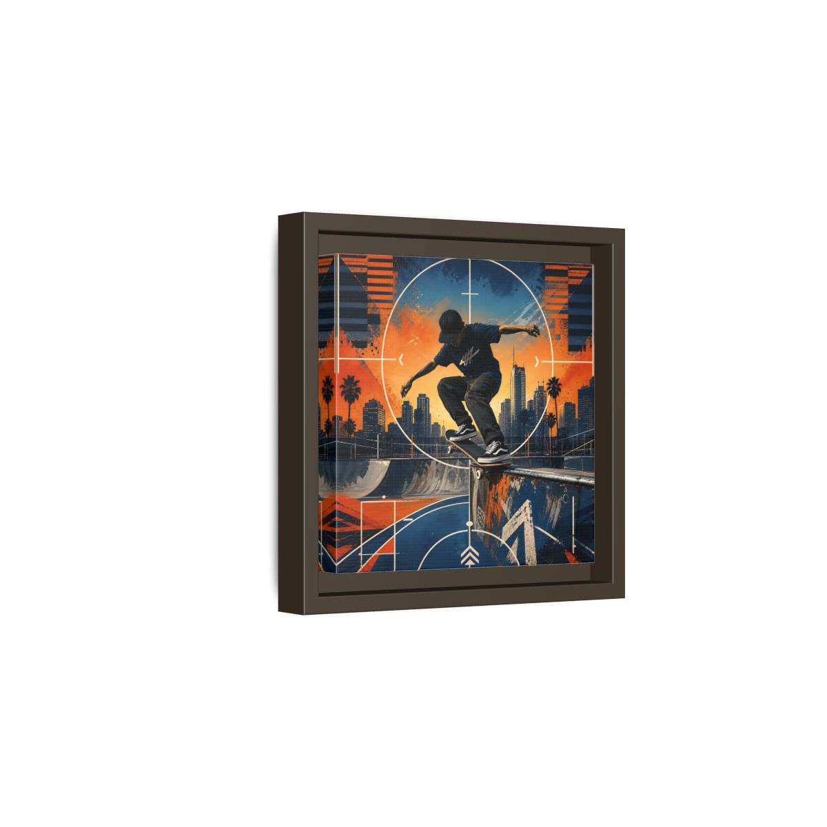 Side Mockup 2. Sports Skateboarder Skateboarder City Orange Blue shown as framed canvas print