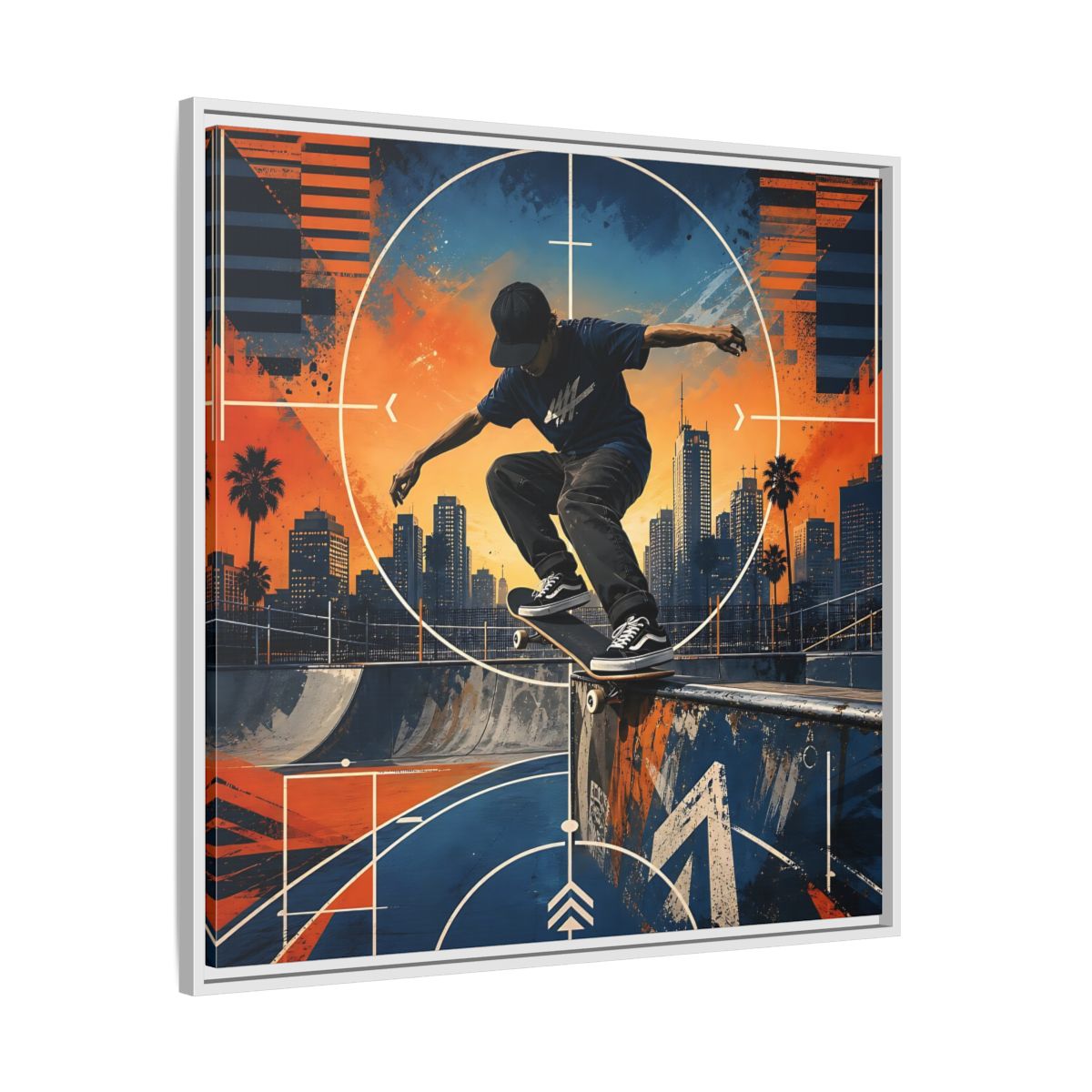 Side Mockup 25. Sports Skateboarder Skateboarder City Orange Blue shown as framed canvas print