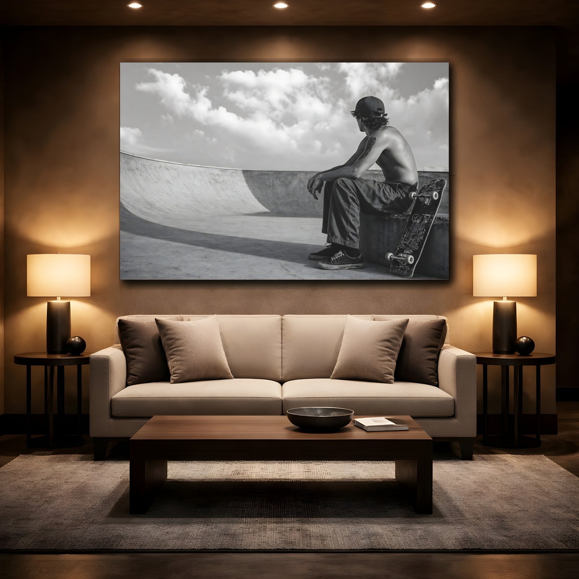 Mockup 2. Sports Skateboarder Skateboard Black And White shown as canvas print