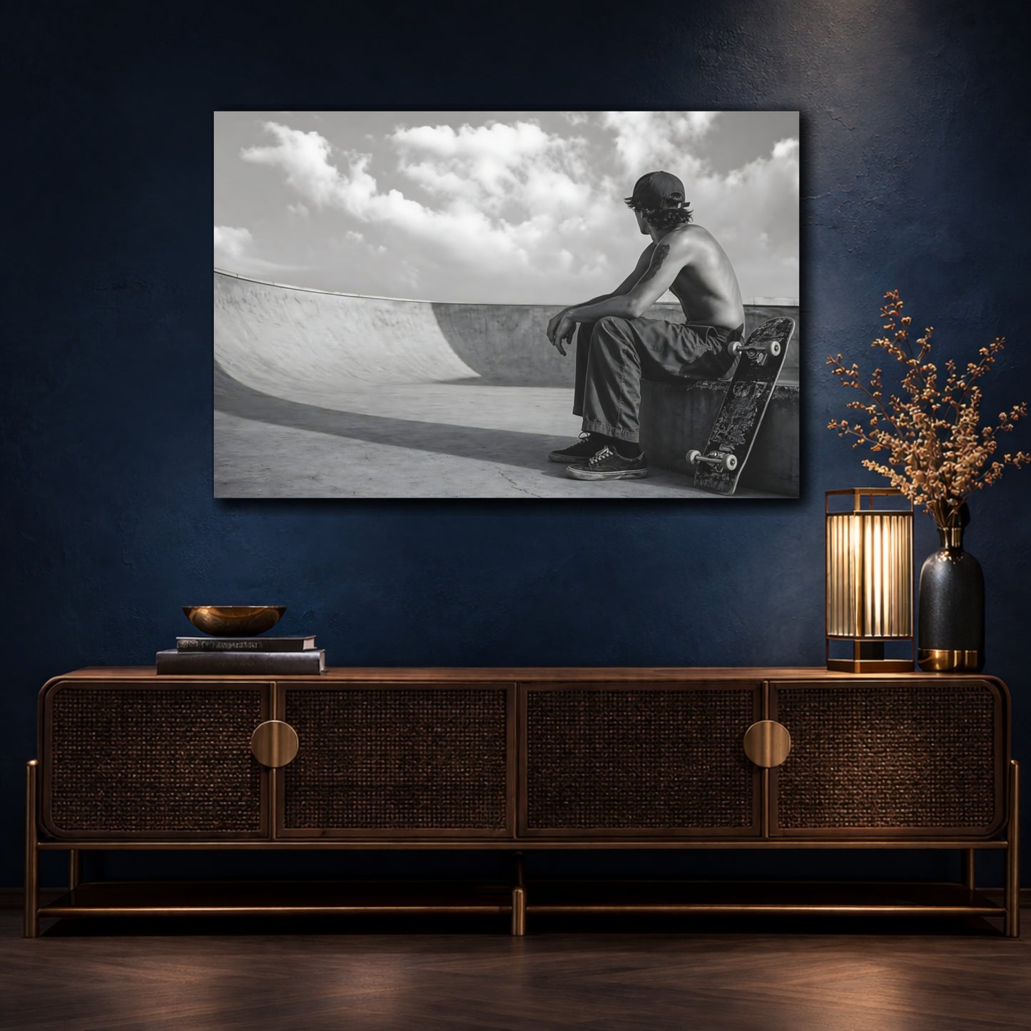 Mockup 4. Sports Skateboarder Skateboard Black And White shown as canvas print