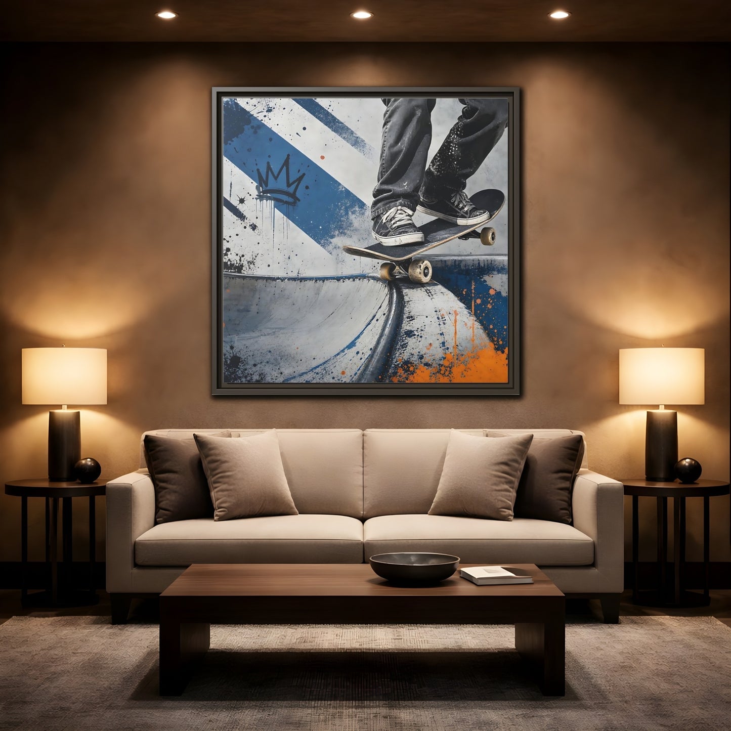 Mockup 2. Sports Skateboarder Skateboarder Blue Orange shown as framed canvas print