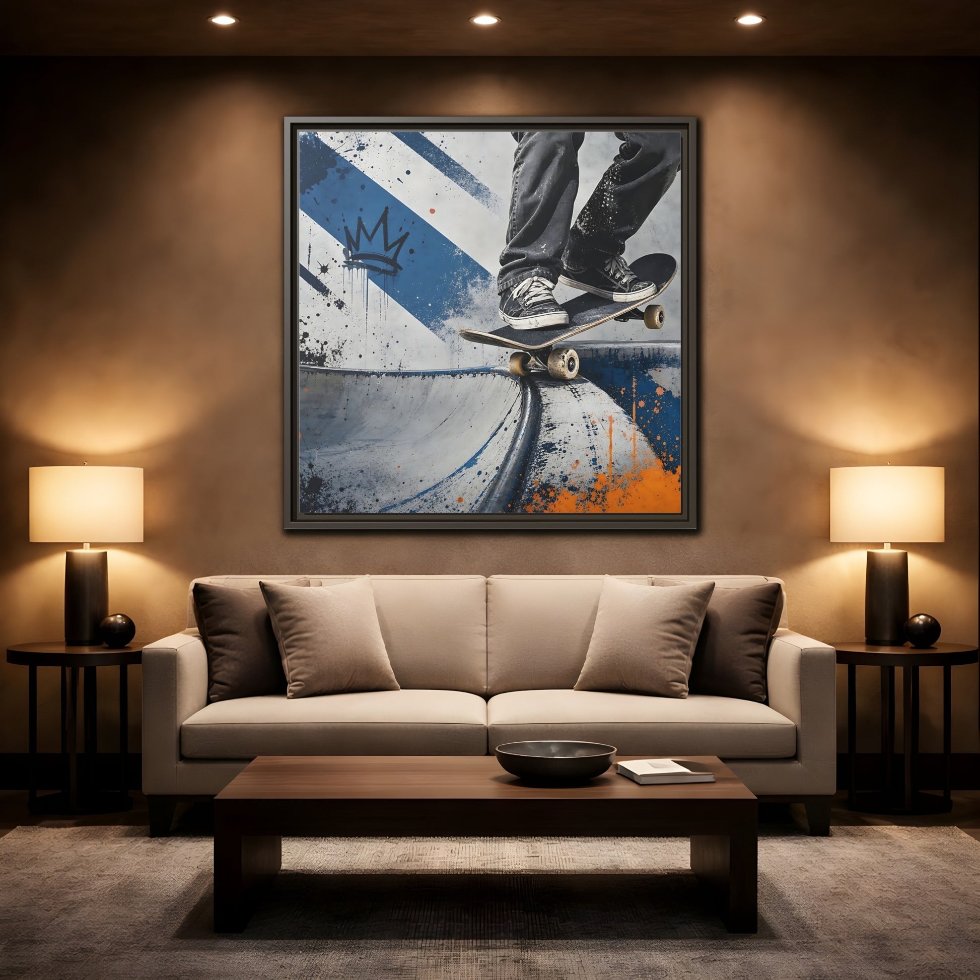 Mockup 2. Sports Skateboarder Skateboarder Blue Orange shown as framed canvas print