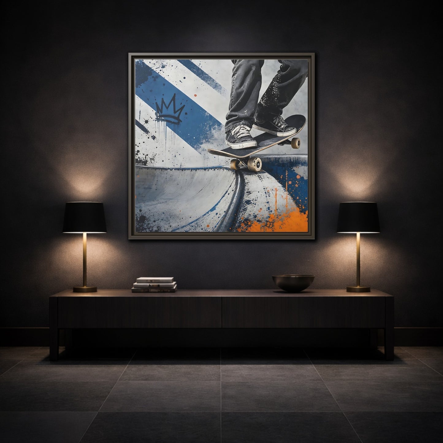 Mockup 3. Sports Skateboarder Skateboarder Blue Orange shown as framed canvas print