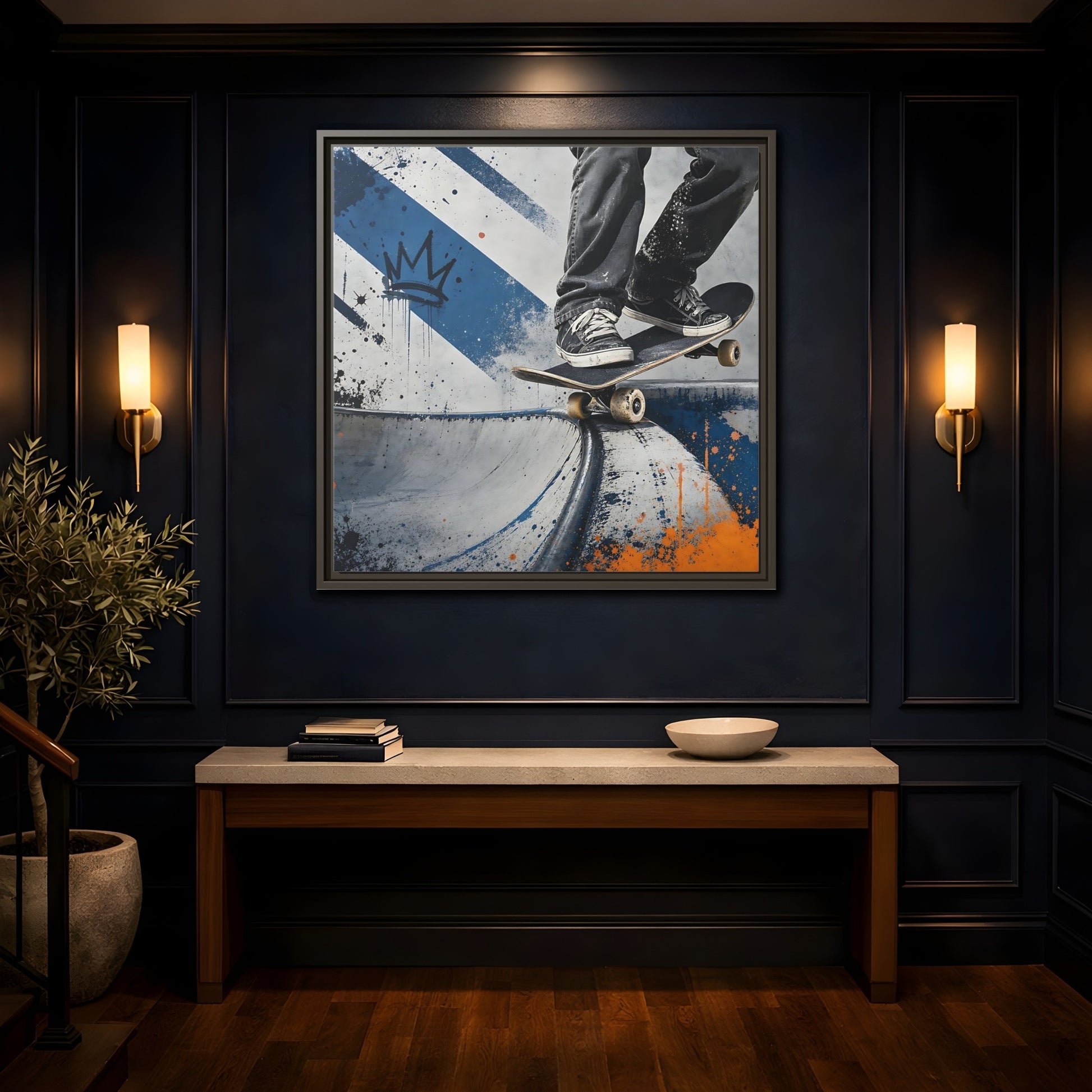 Mockup 4. Sports Skateboarder Skateboarder Blue Orange shown as framed canvas print