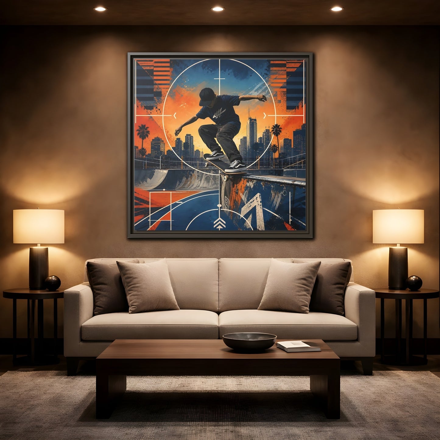 Mockup 2. Sports Skateboarder Skateboarder City Orange Blue shown as framed canvas print