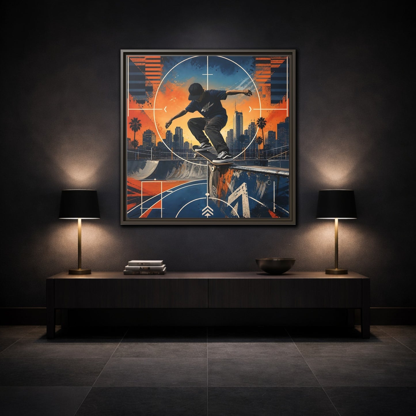 Mockup 3. Sports Skateboarder Skateboarder City Orange Blue shown as framed canvas print
