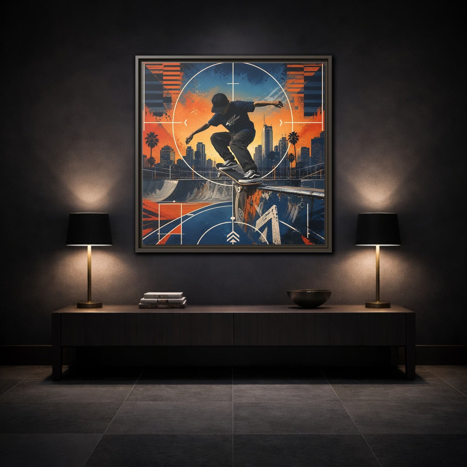 Mockup 3. Sports Skateboarder Skateboarder City Orange Blue shown as framed canvas print
