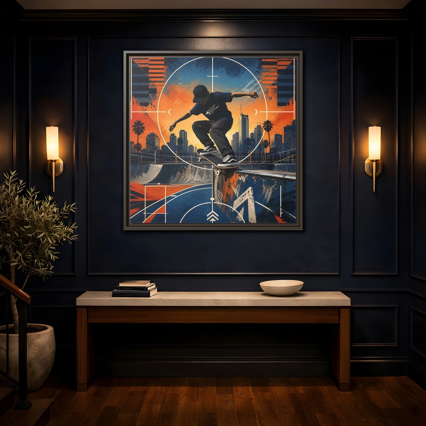 Mockup 4. Sports Skateboarder Skateboarder City Orange Blue shown as framed canvas print