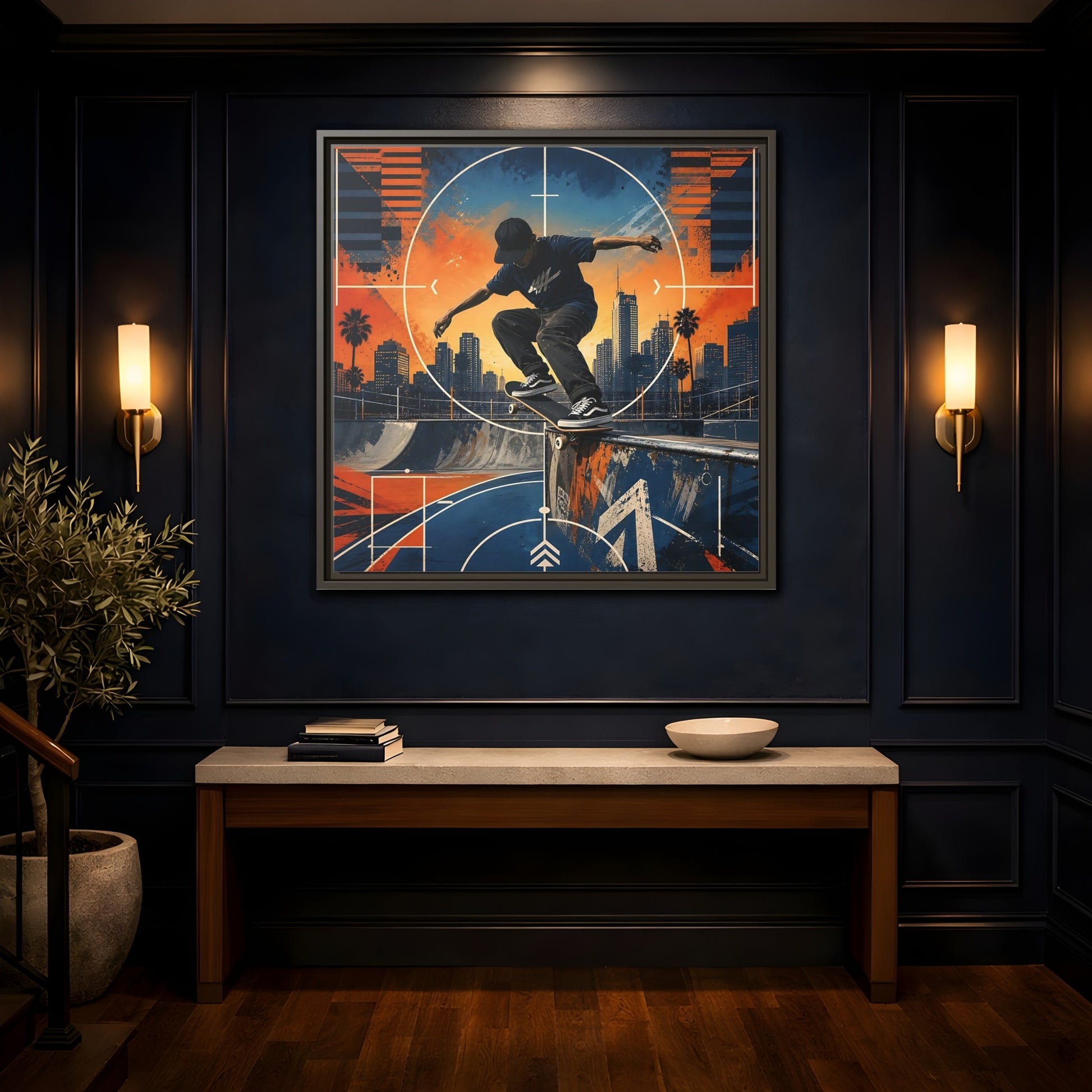 Mockup 4. Sports Skateboarder Skateboarder City Orange Blue shown as framed canvas print