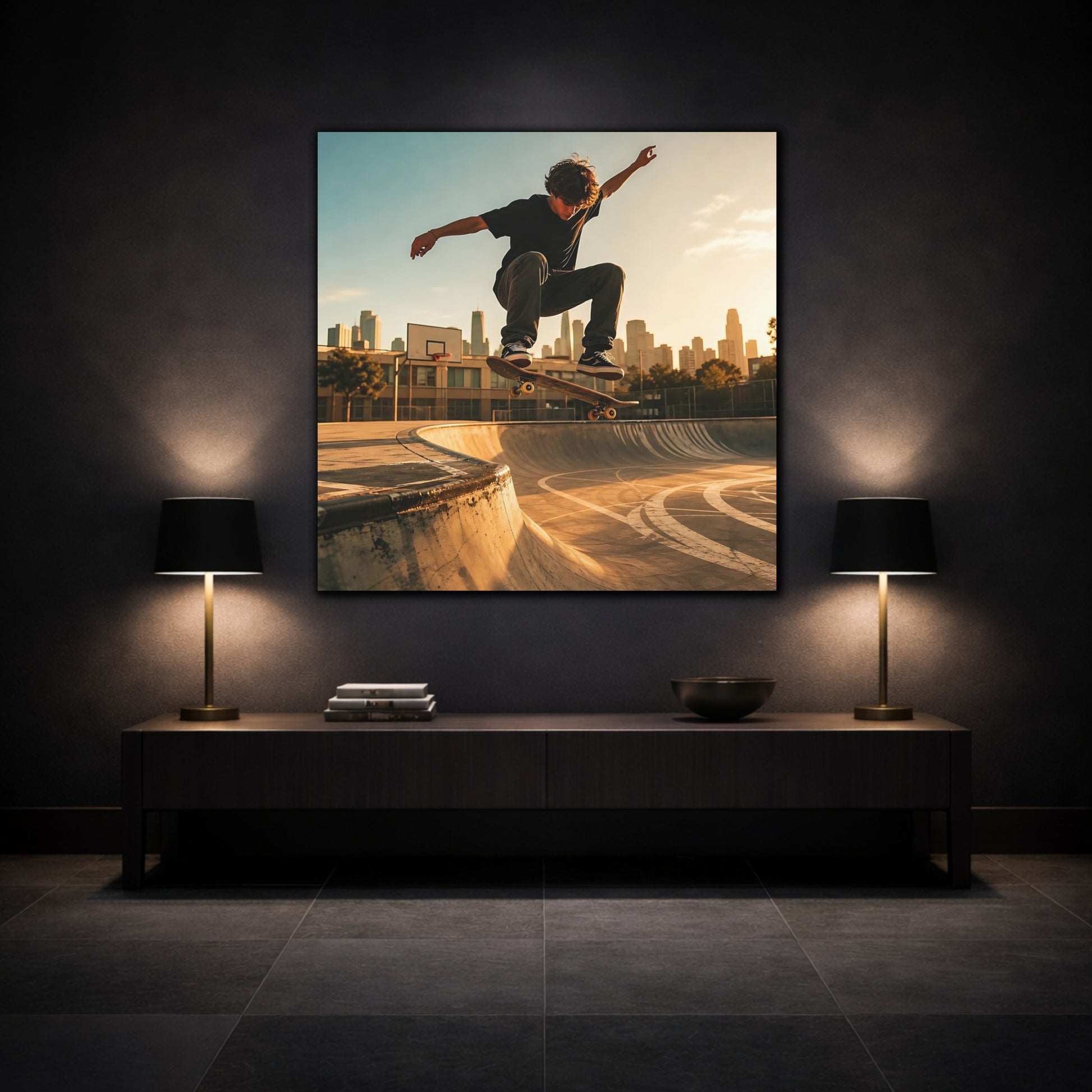 Mockup 3. Sports Skateboarder Skateboarder Sunset shown as canvas print