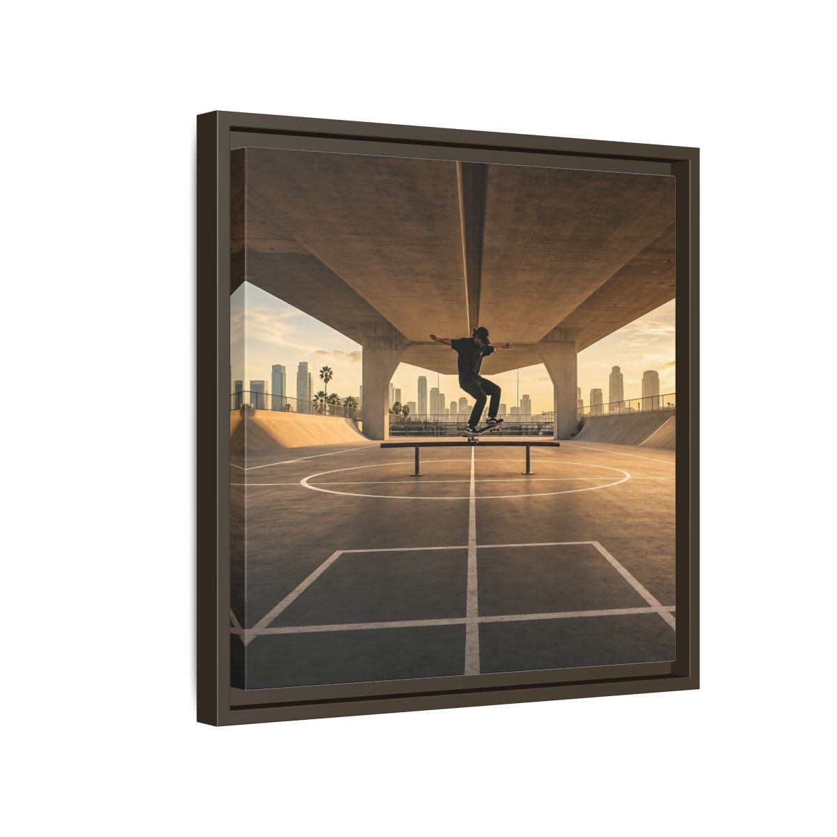 Side Mockup 14. Sports Skateboarder Skateboarding Gold shown as framed canvas print