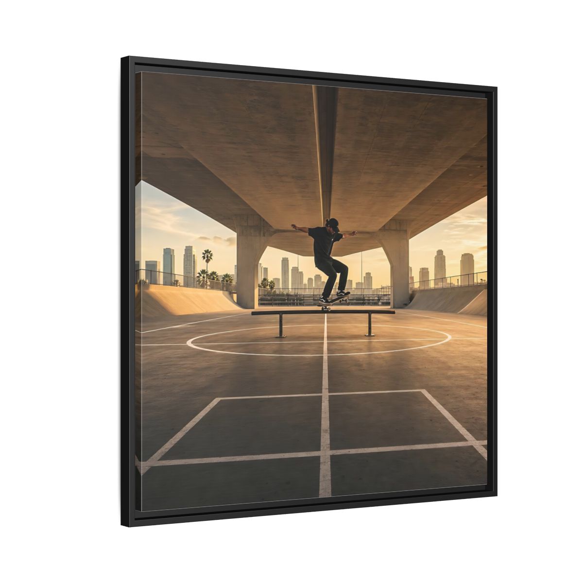 Side Mockup 9. Sports Skateboarder Skateboarding Gold shown as framed canvas print